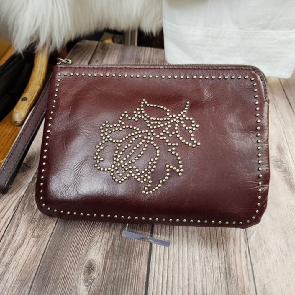 Patricia Nash Studded Cassini Burgundy 100%leather Wristlet 9"7"